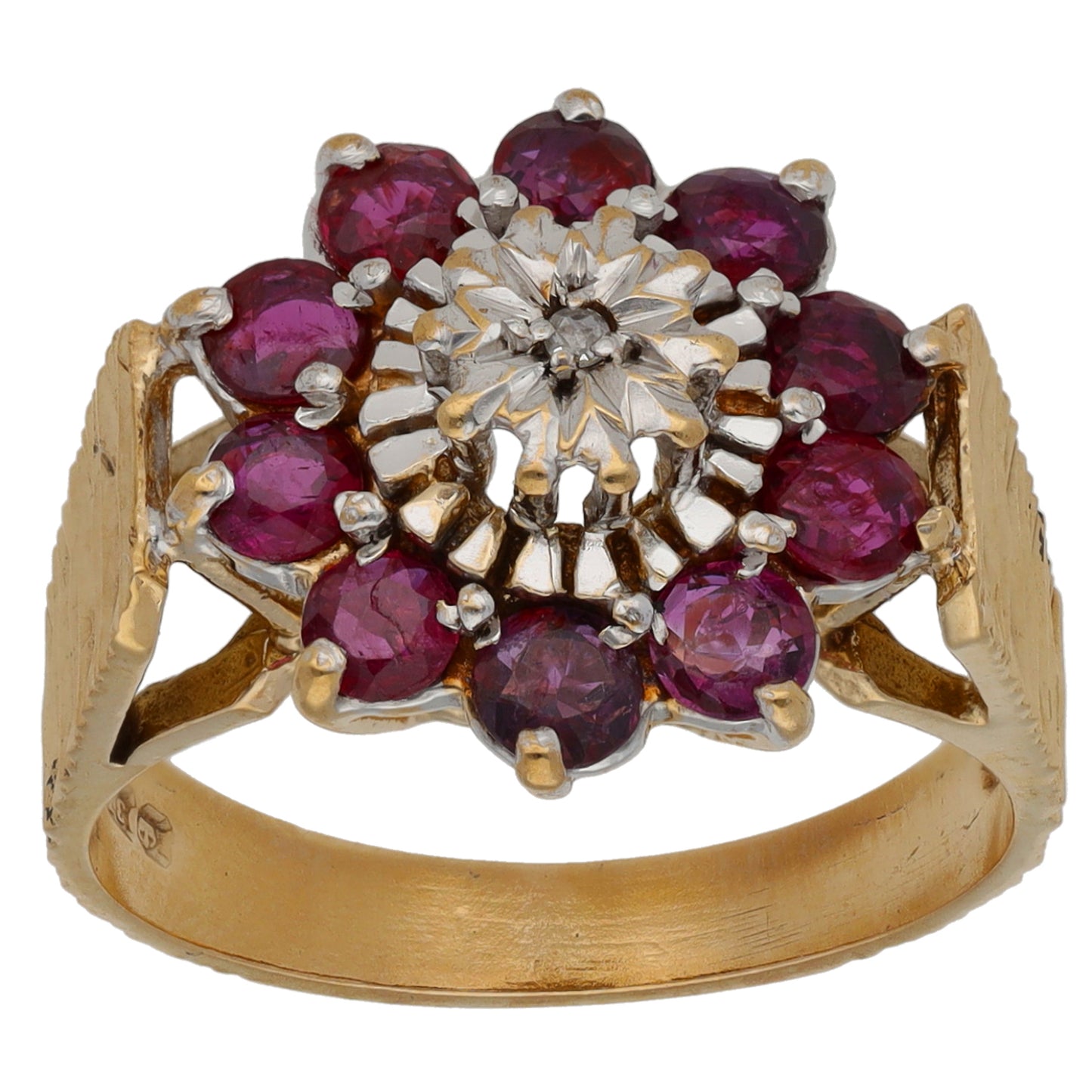 9ct Bicolour Gold Glass Filled Ruby & 0.01ct Diamond Dress/Cocktail Ring Size O