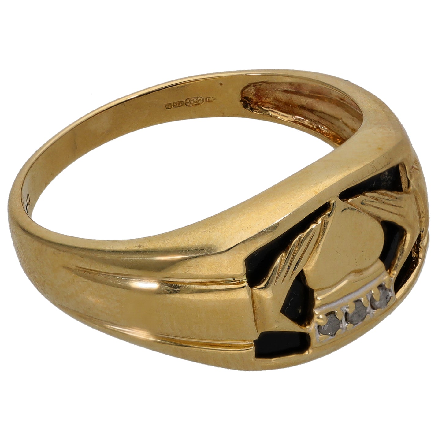 9ct Gold Onyx & 0.03ct Diamond Patterned Signet Ring Size V