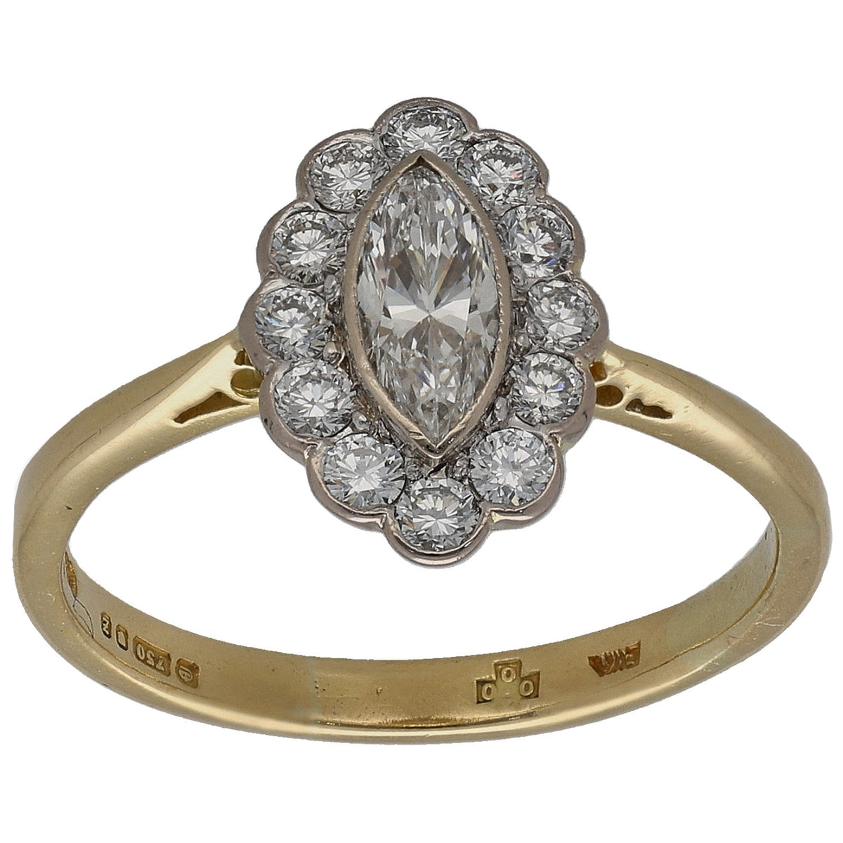 Gold marquise diamond cluster ring with oval halo and round diamond accents