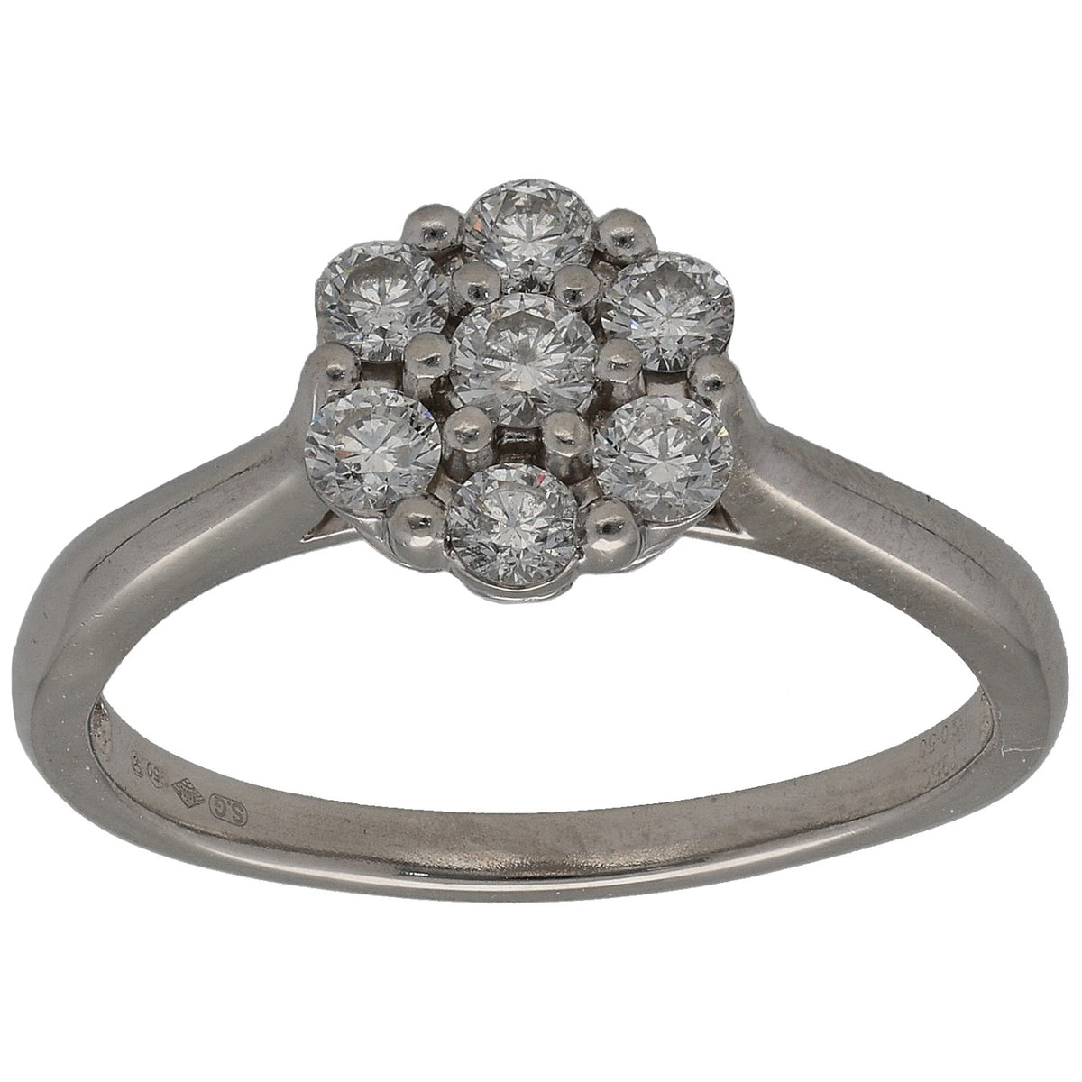 Platinum round diamond cluster ring with multi-stone round sparkle, size P band