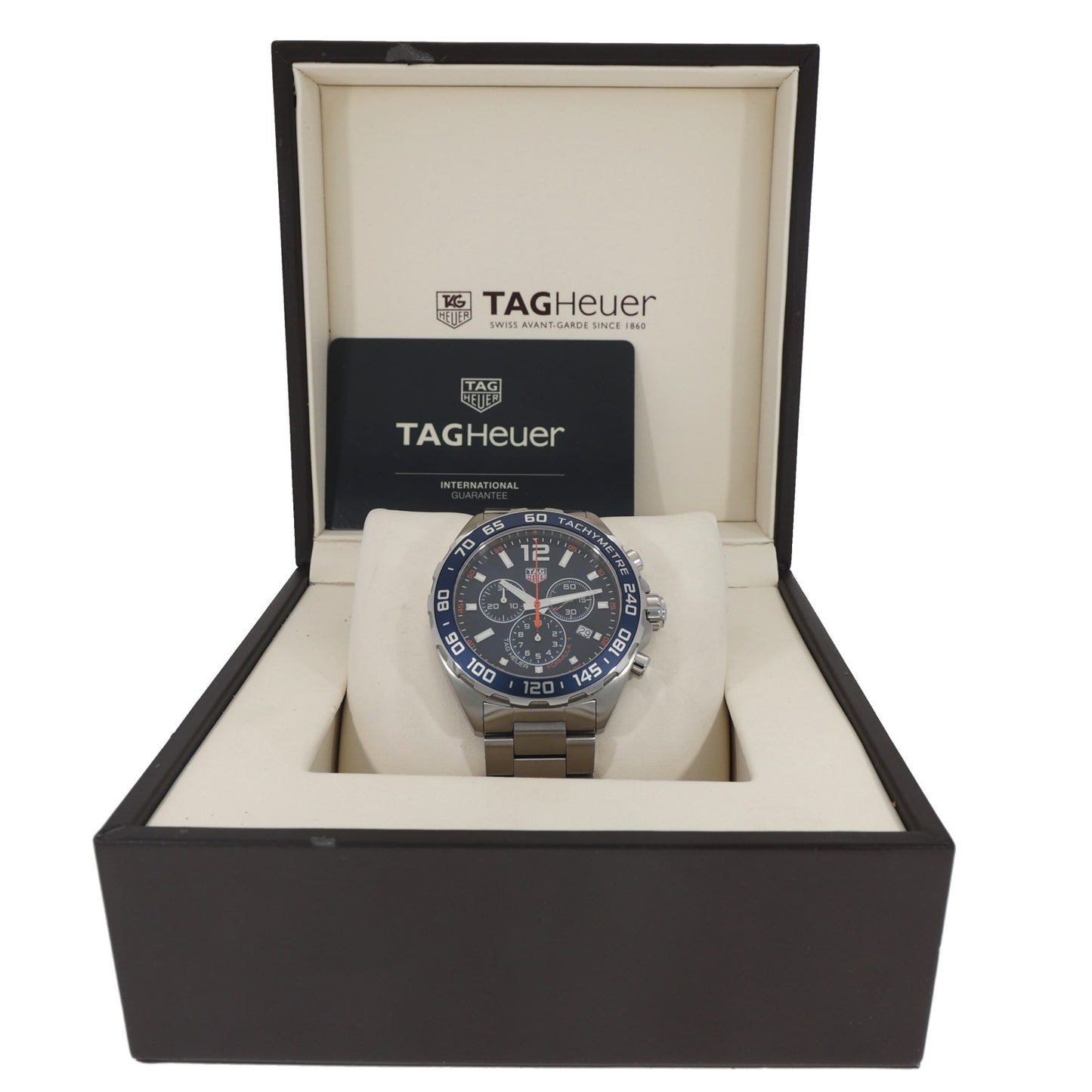 Tag Heuer Formula 1 CAZ1014, blue dial with sub dials, wiuth a 43mm stainless steel case and link bracelet , box image