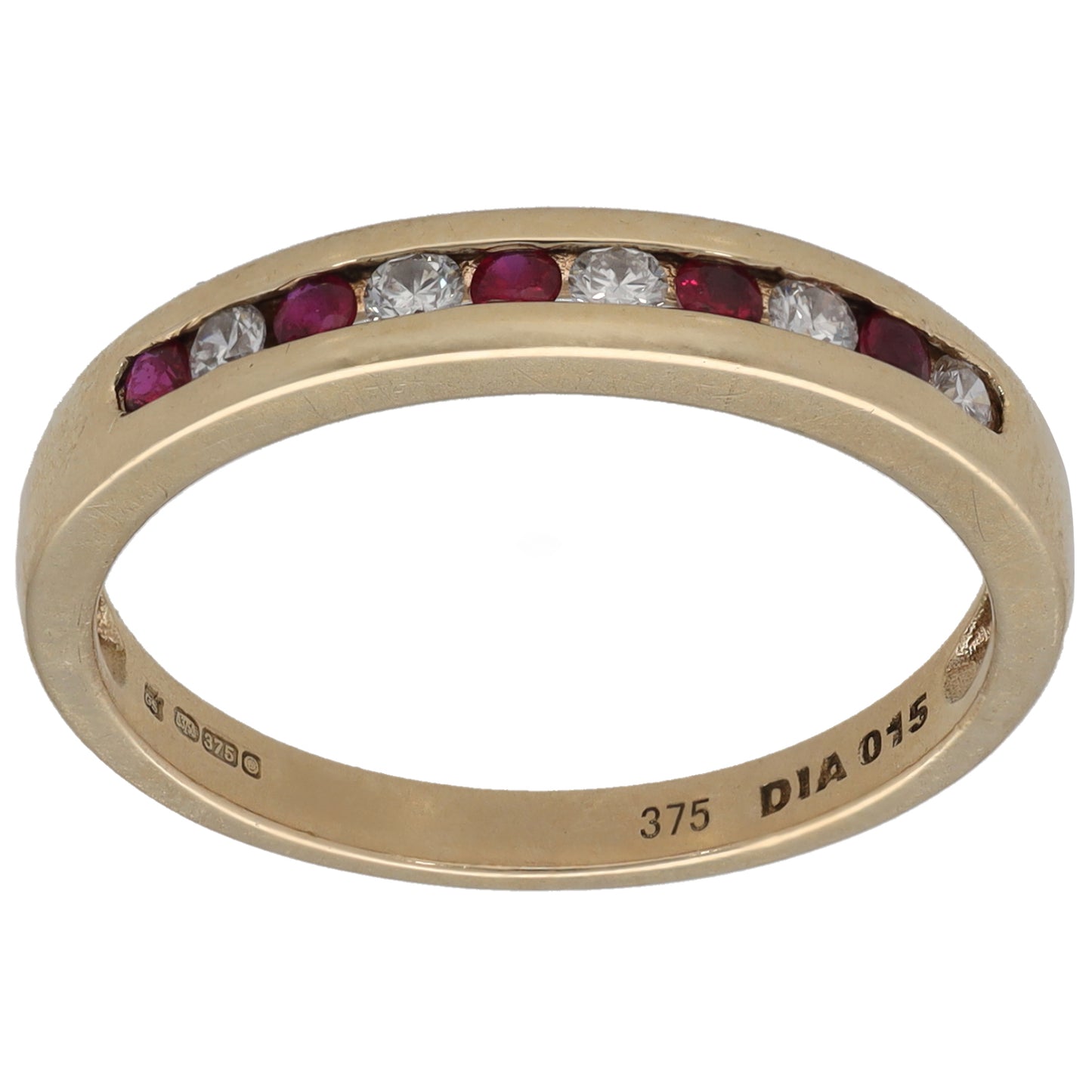 9ct Gold Ruby & 0.15ct Diamond Half Eternity Ring Size P