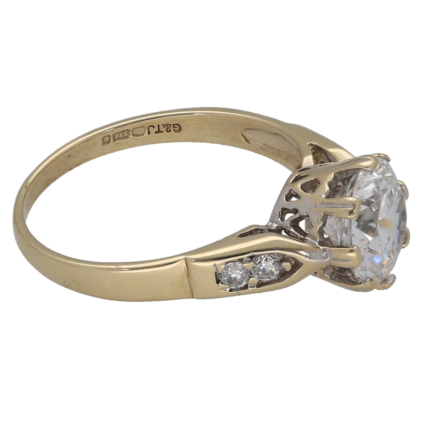 9ct Gold Cubic Zirconia Single Stone Ring with Accent Stones Size L