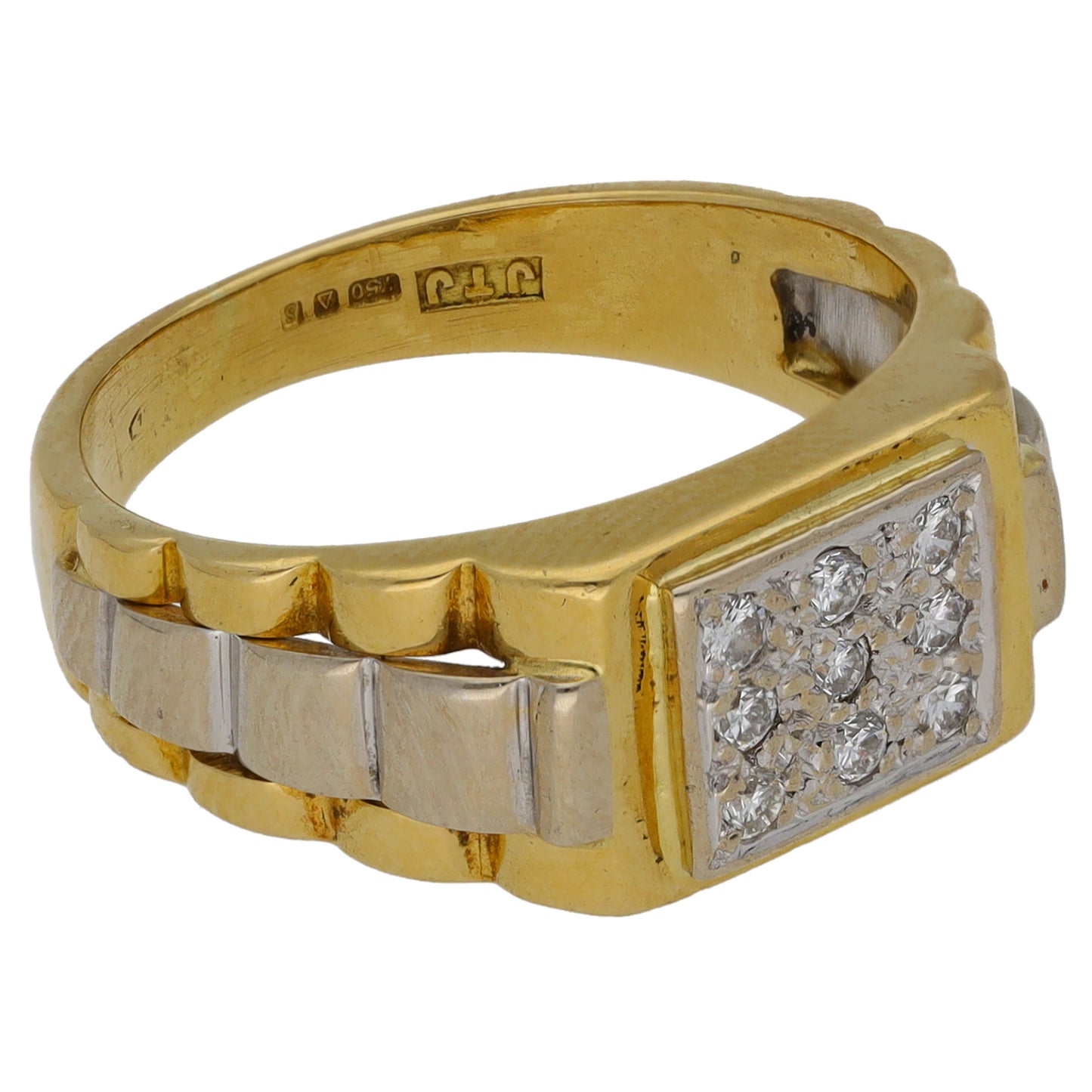 18ct Bi-Colour Gold 0.09ct Diamond Patterned Signet Ring Size M