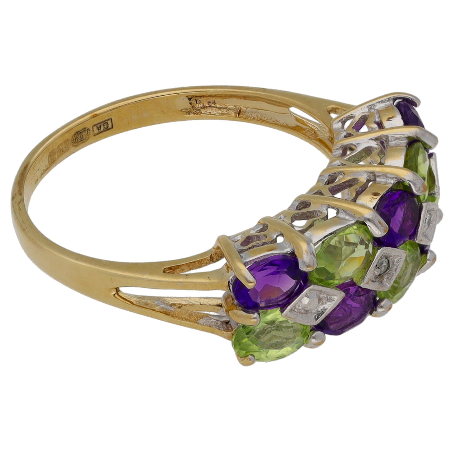 9ct Gold Amethyst, Peridot & 0.01ct Diamond Dress/Cocktail Ring Size K