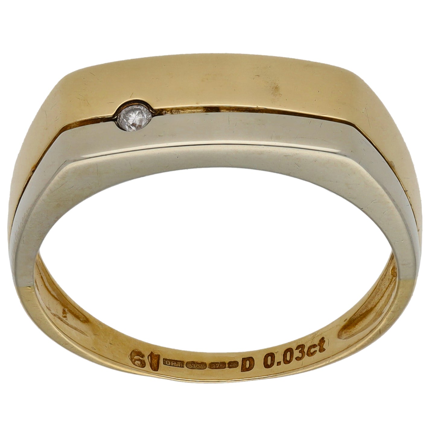 9ct Bicolour Gold 0.03ct Diamond Patterned Single Stone Signet Ring Size T