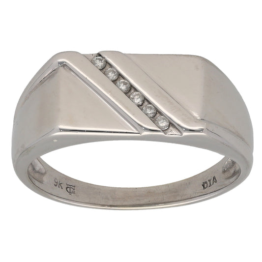 9ct White Gold 0.06ct Diamond Patterned Signet Ring Size T