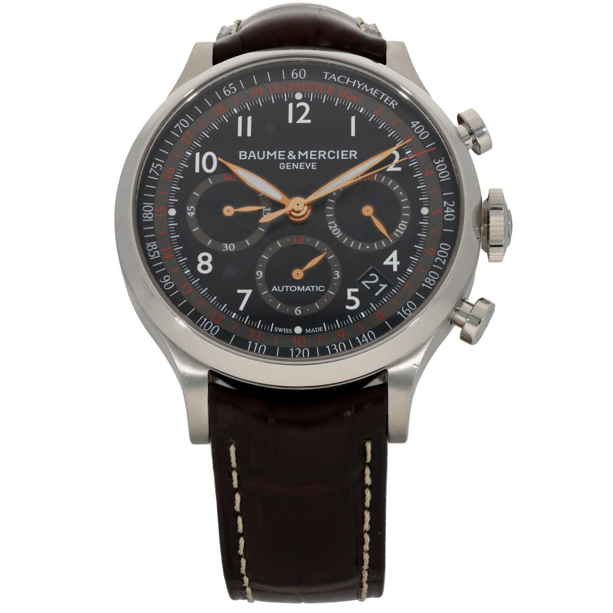 Baume Et Mercier Capeland 65716, black dial in 44mm stainless steel case and adjustable leather bracelet