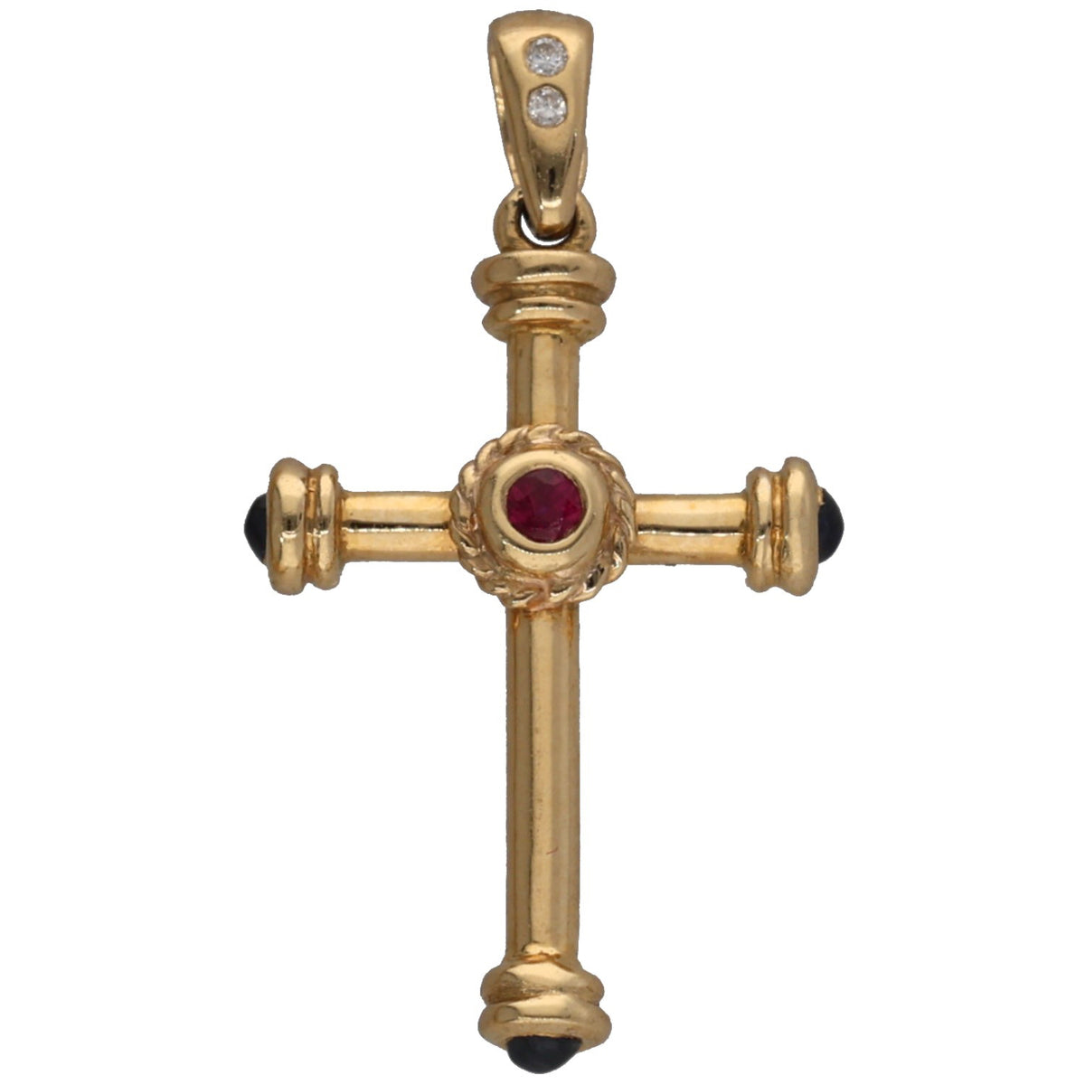 18ct gold cross pendant with ruby center and small round diamond accents