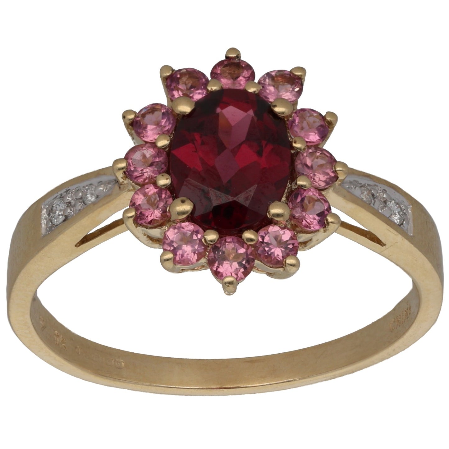 9ct Gold Garnet, Tourmaline & 0.05ct Diamond Dress/Cocktail Ring Size T