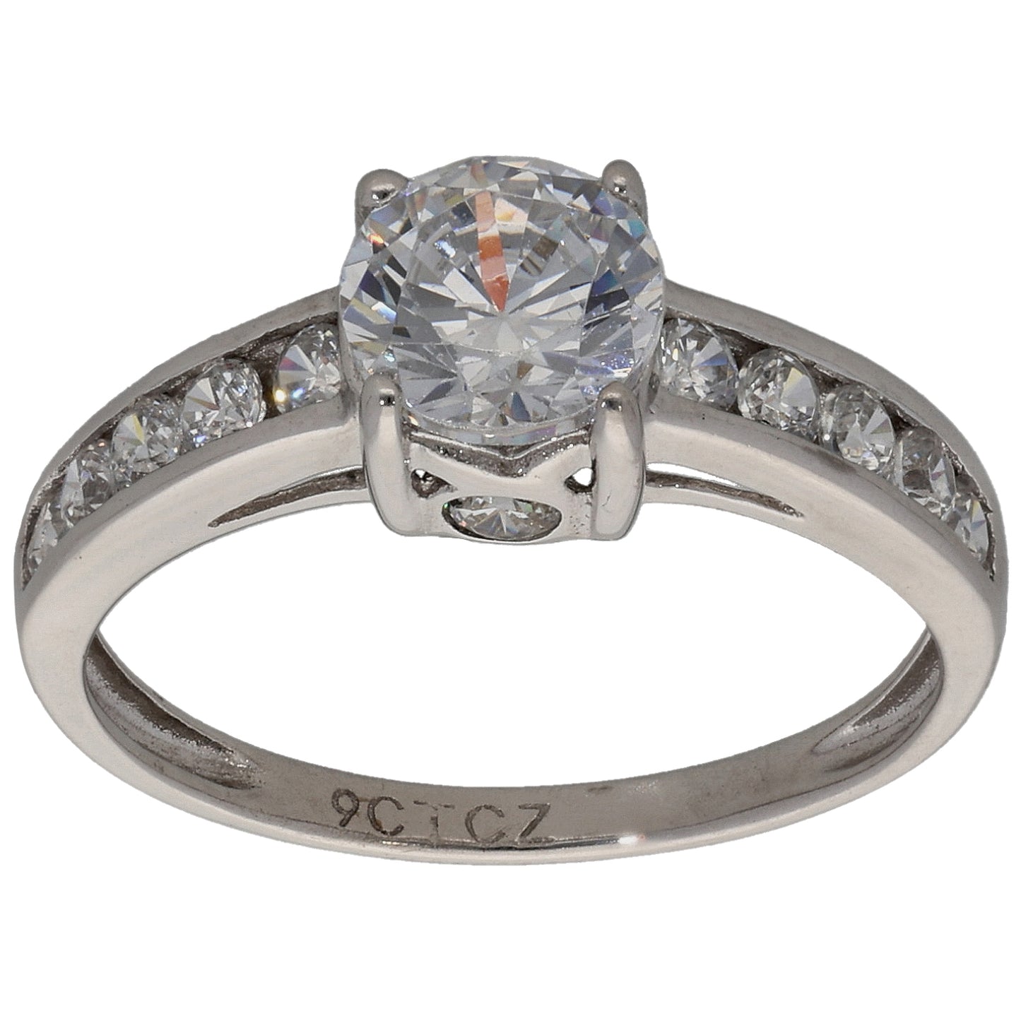 9ct Gold Cubic Zirconia Single Stone Ring with Accent Stones Size K