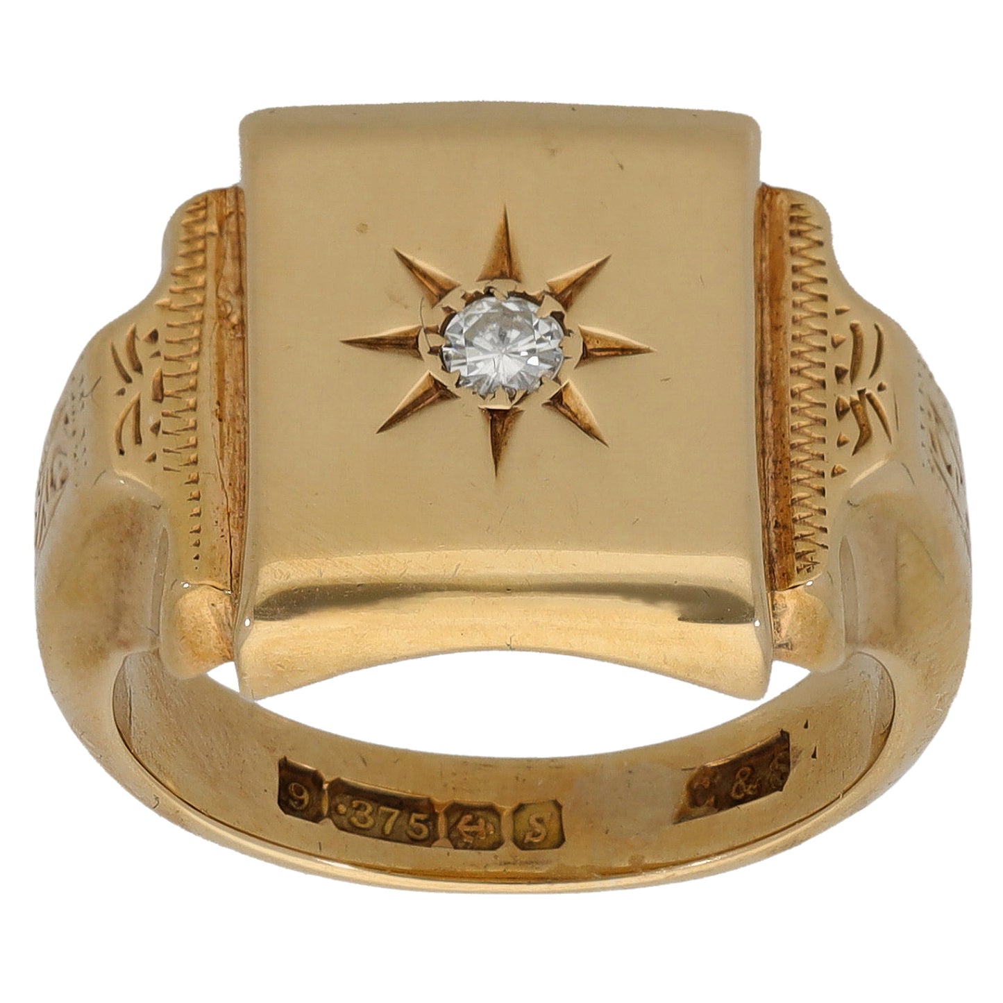 9ct Gold 0.07ct Diamond Patterned Single Stone Signet Ring Size M