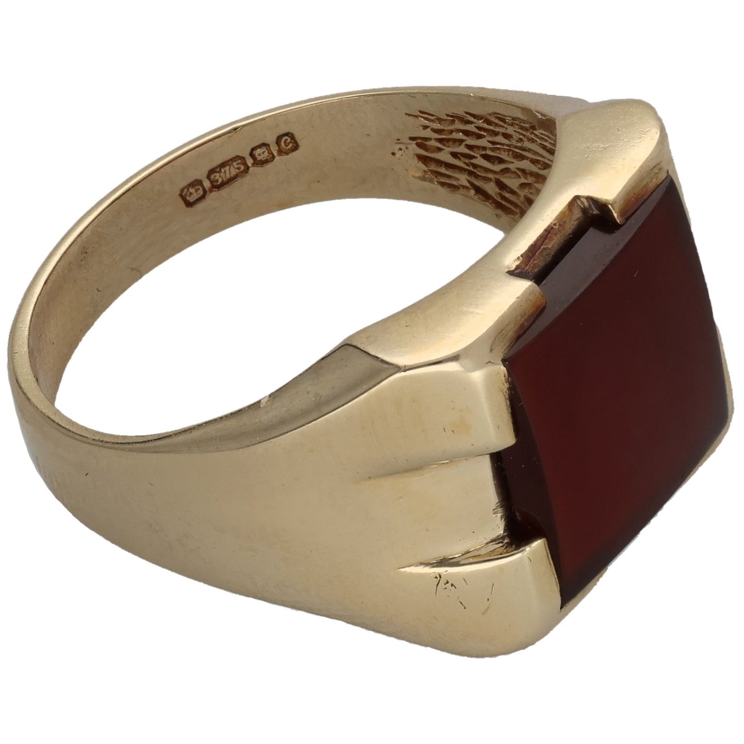 9ct gold signet ring with red carnelian stone and inner hallmark