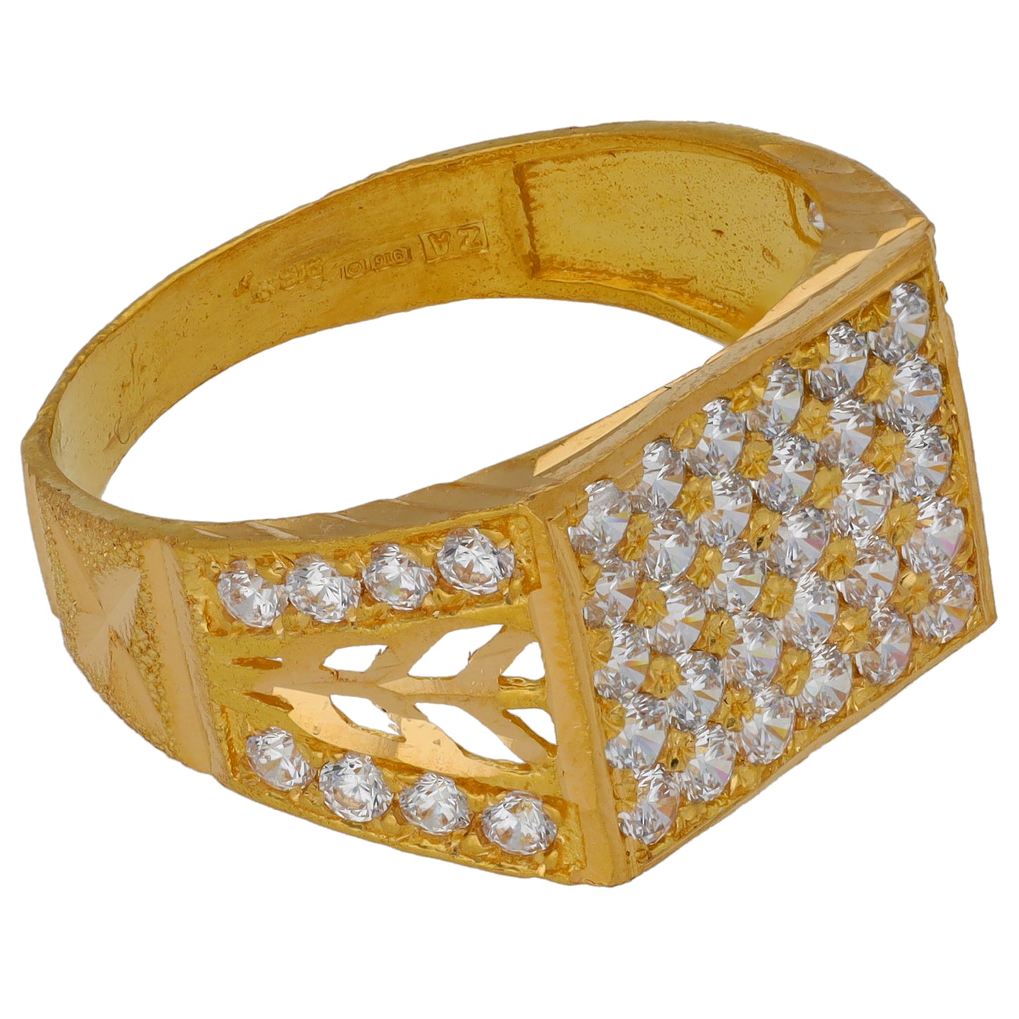 22ct Gold Cubic Zirconia Patterned Signet Ring Size T