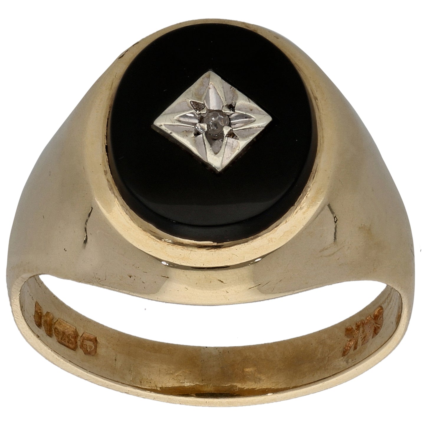9ct Gold Onyx & 0.01ct Diamond Patterned Signet Ring Size O