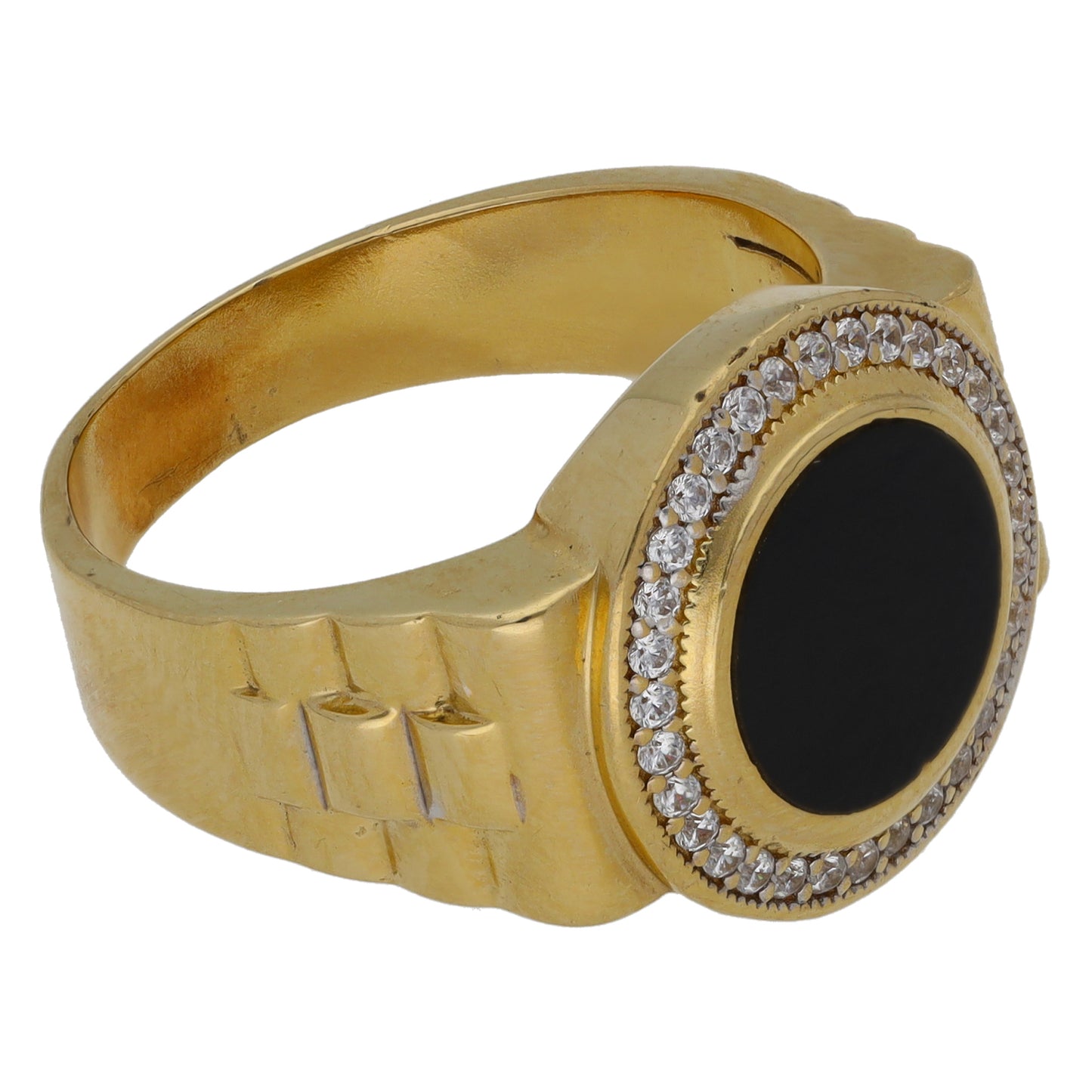 14ct Gold Onyx & Cubic Zirconia Patterned Signet Ring Size T