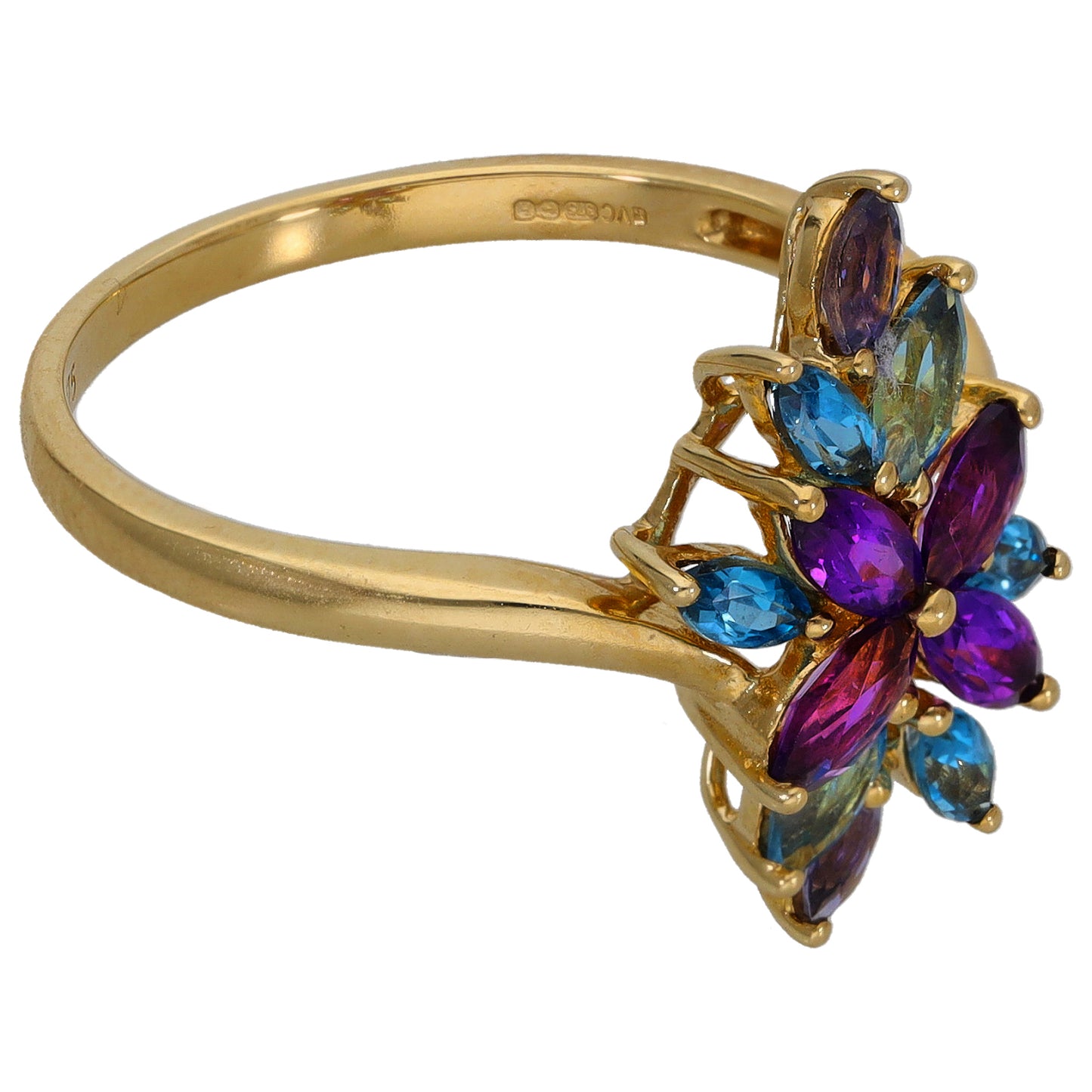 9ct Gold Amethyst, Topaz & Iolite Dress/Cocktail Ring Size T