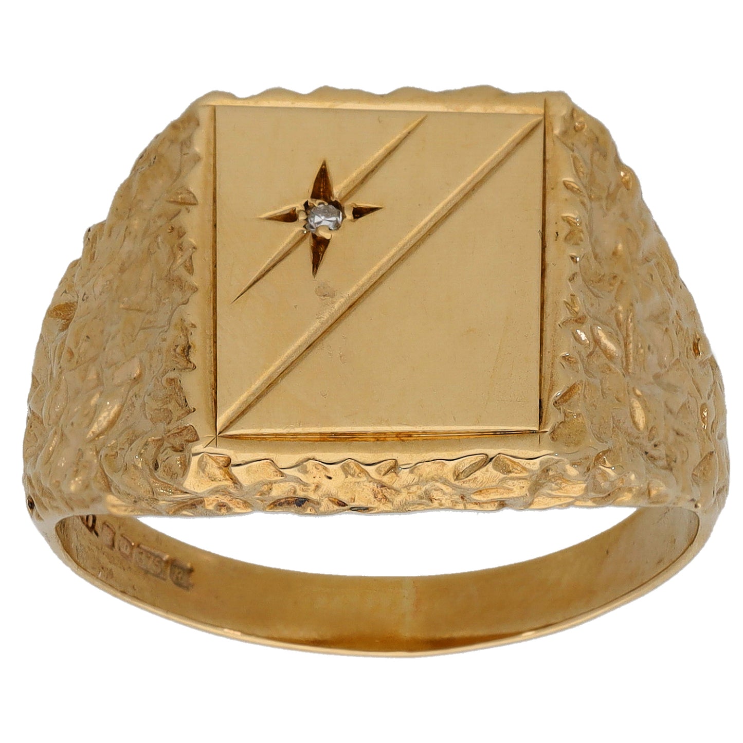 9ct Gold 0.005ct Diamond Single Stone Patterned Signet Ring Size V