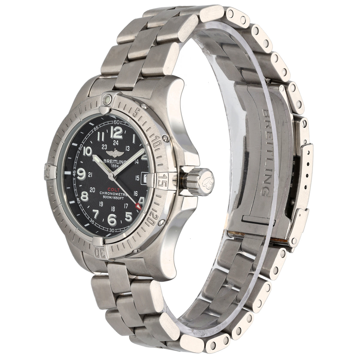 Breitling Colt A74380 Stainless steel wristwatch with black dial and metal link bracelet, side profile view.