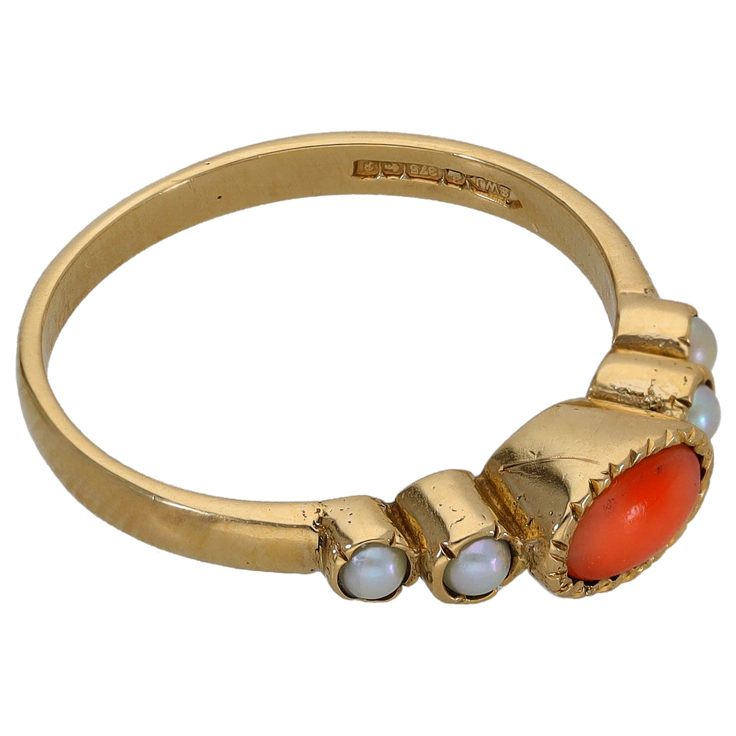 9ct Gold Coral & Cultured Pearl Dress/Cocktail Ring Size M