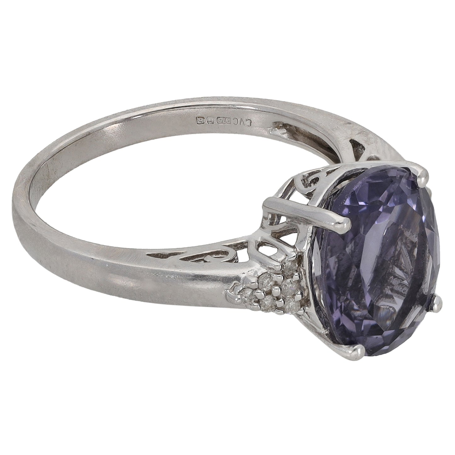 9ct White Gold Iolite & 0.06ct Diamond Single Stone Ring with Accent Stones Size O