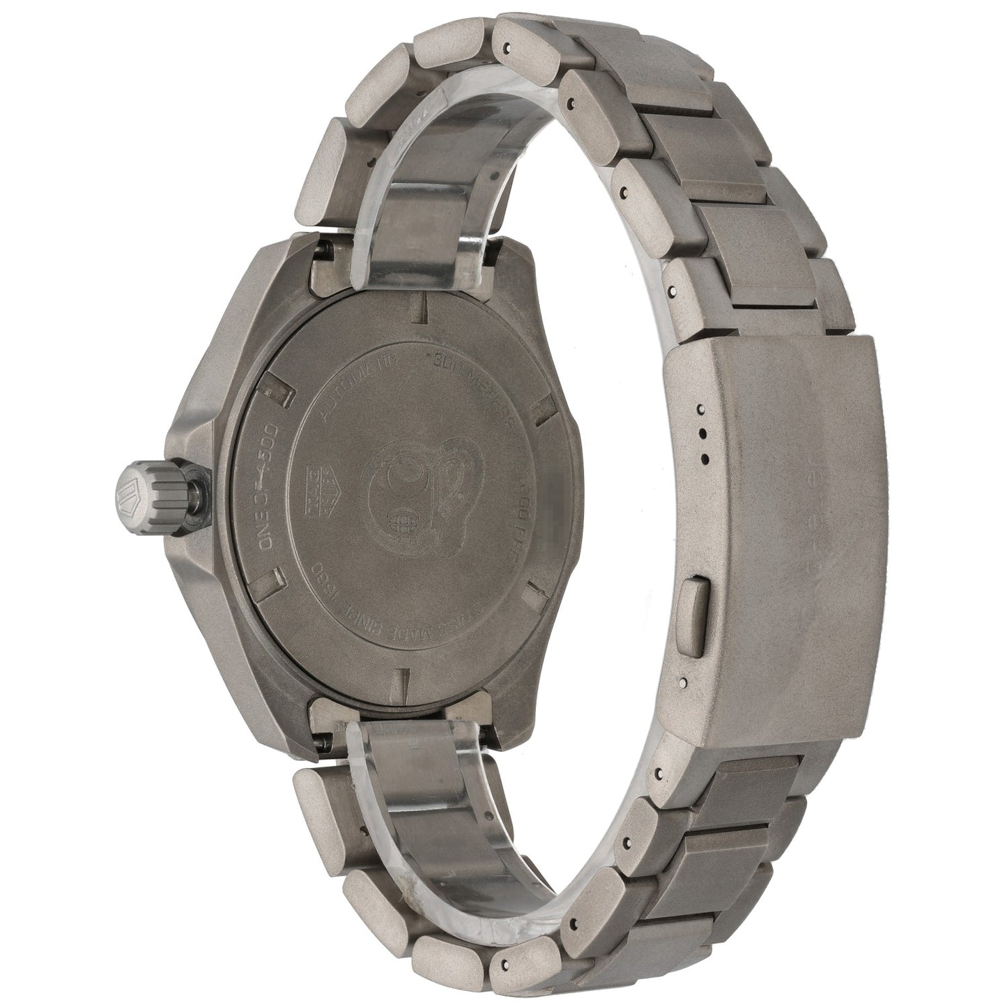 Tag Heuer Aquaracer WAY208F Titanium diver watch case back with metal link bracelet, crown visible on left