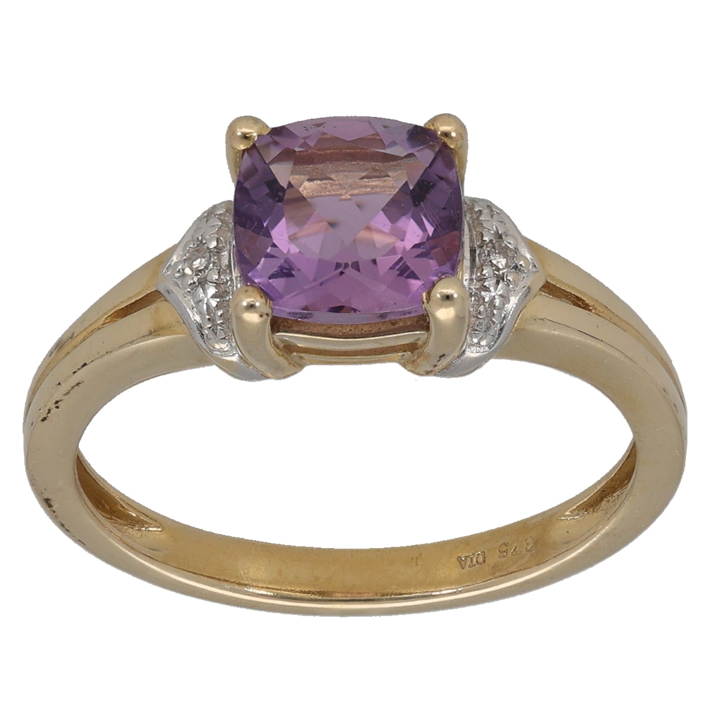 9ct Gold Amethyst & 0.02ct Diamond Single Stone Ring with Accent Stones Size O