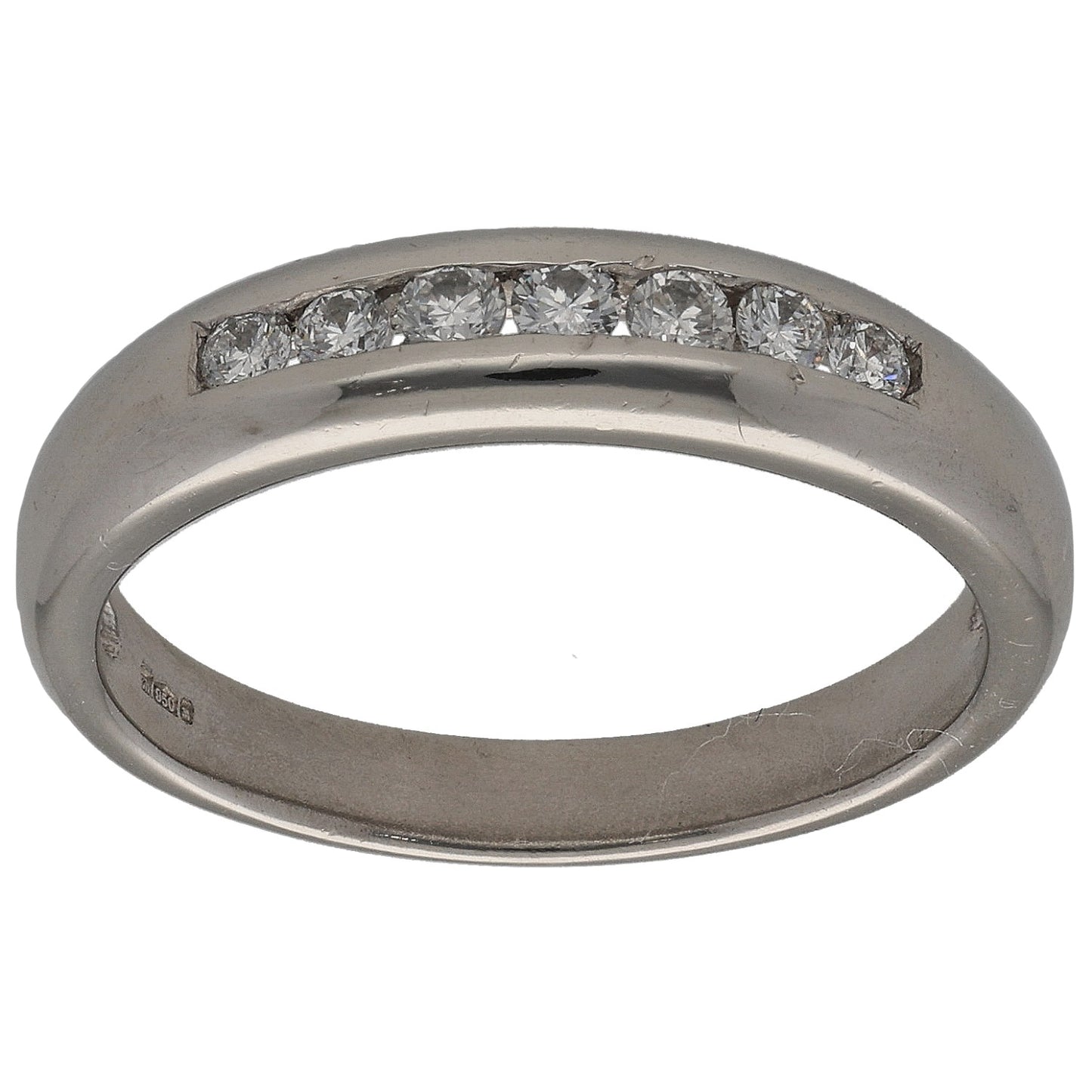 Platinum half-eternity ring with round-cut diamonds across the top band