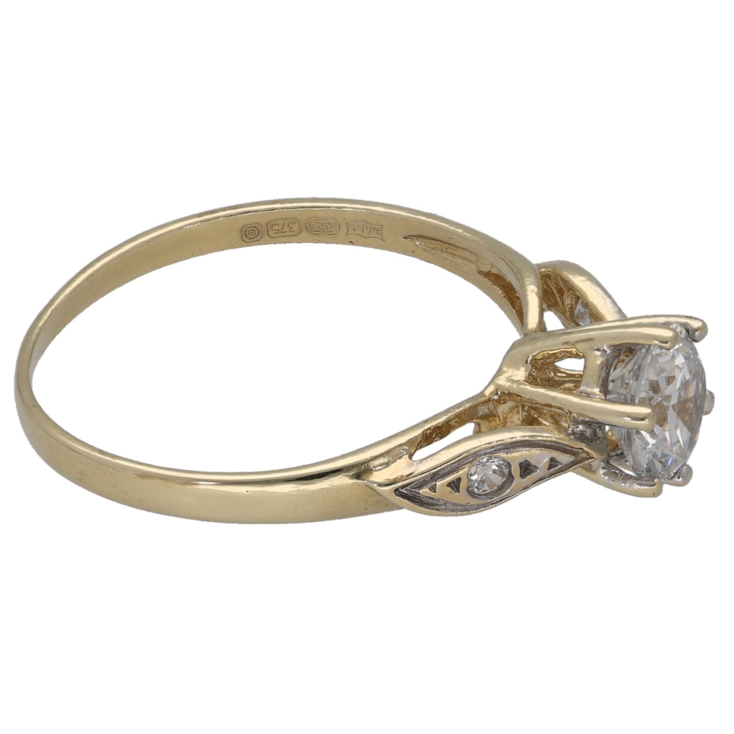 9ct Gold Cubic Zirconia Single Stone Ring with Accent Stones Size P