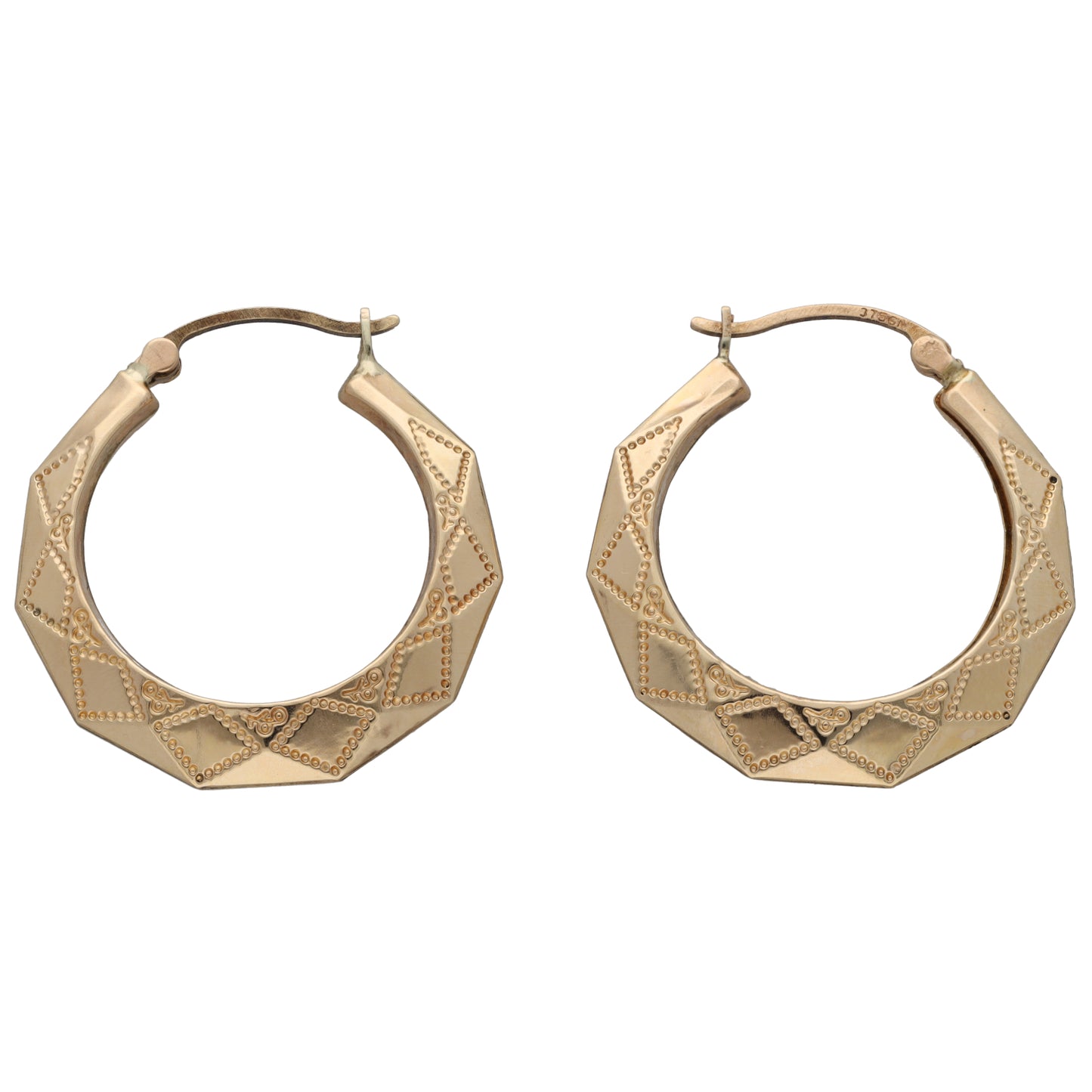9ct gold creole hoop earrings with engraved filigree border detail