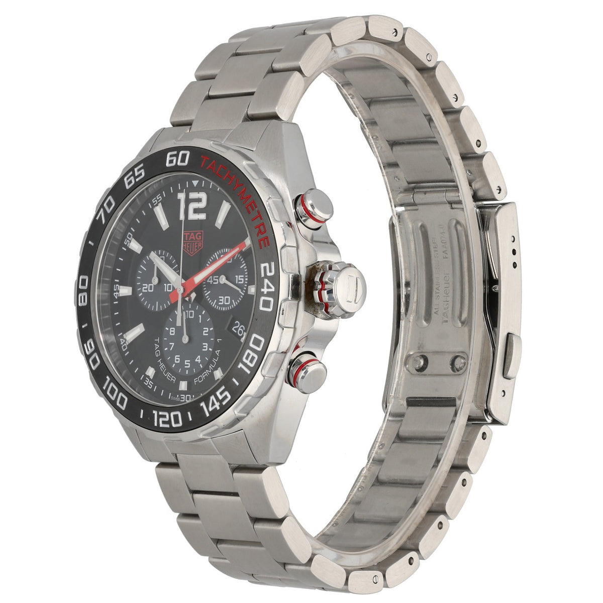 Tag Heuer Formula 1 CAZ101T, black dial with tachymetre bezel on 43mm stainless steel case and bracelet, front angle image