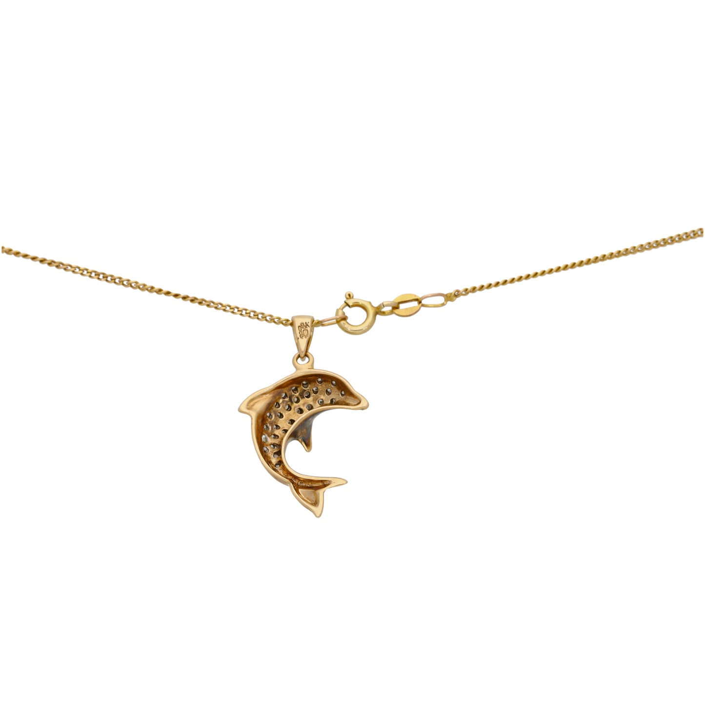 9ct Gold 0.14ct Diamond Dolphin Pendant With Chain