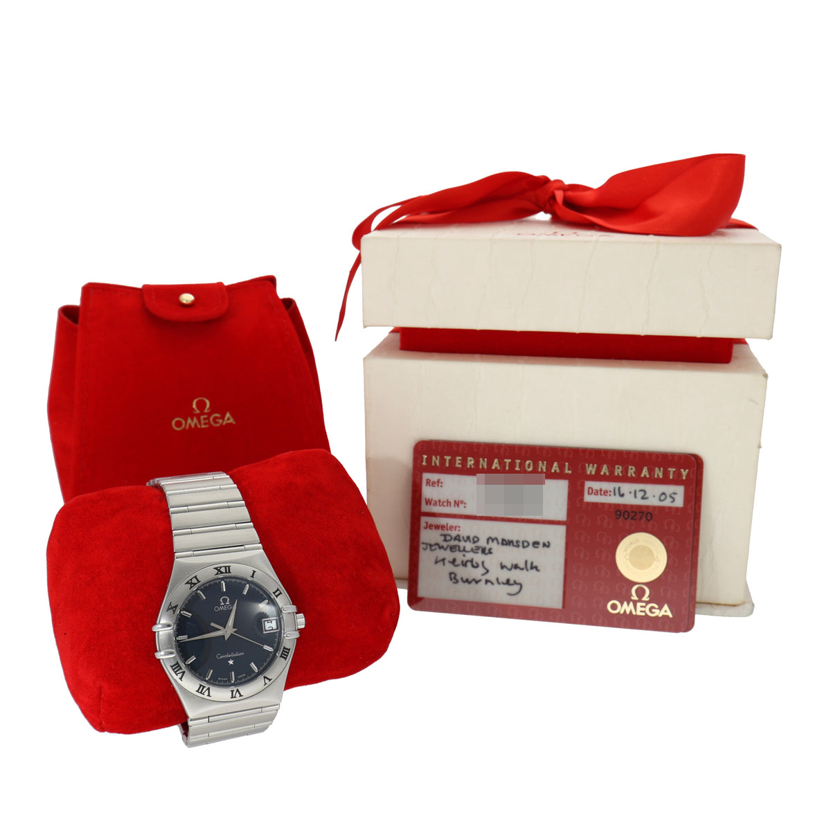 Stainless steel wristwatch in red Omega Constellation 1512.40.00 pouch with warranty paperwork in box