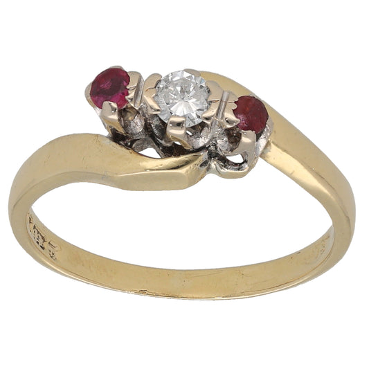 18ct Gold Ruby & 0.14ct Diamond Trilogy Ring Size L