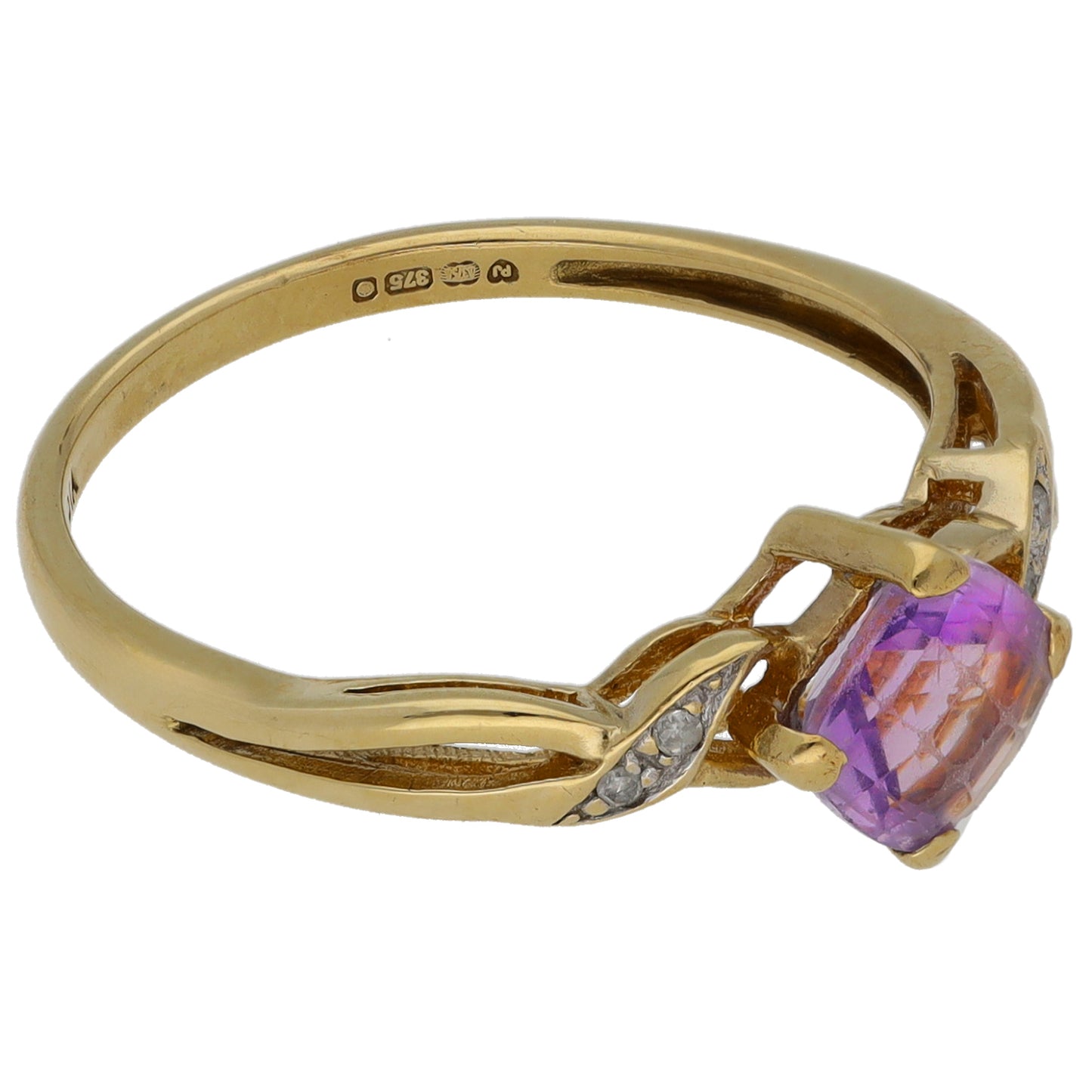9ct Gold Amethyst & 0.02ct Diamond Single Stone Ring with Accent Stones Size P