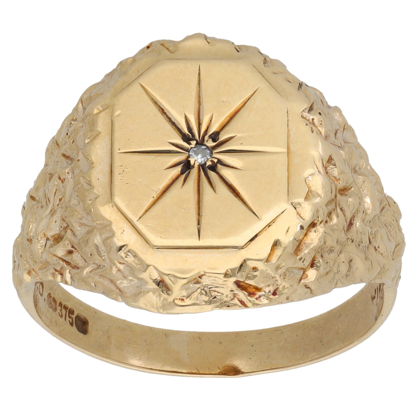 9ct Gold 0.01ct Diamond Patterned Single Stone Signet Ring Size U