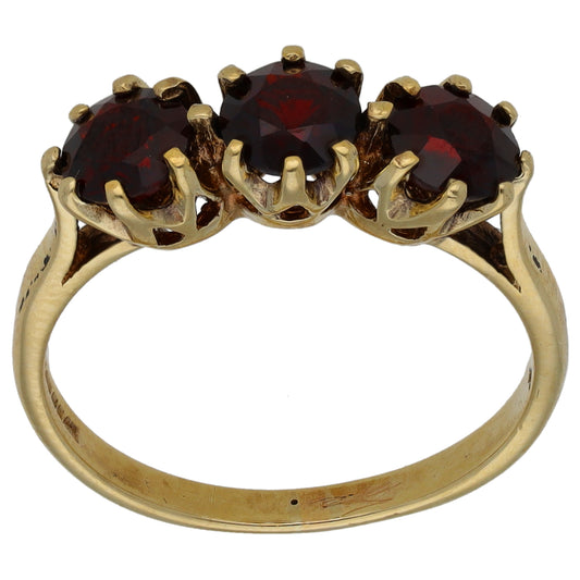 9ct Gold Garnet Three Stone Ring Size O