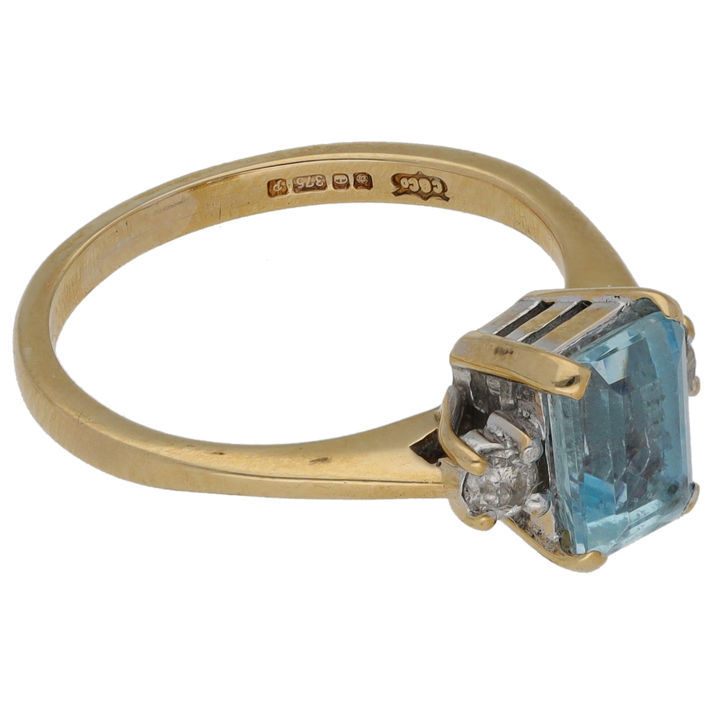 9ct Gold Aquamarine & 0.10ct Diamond Three Stone Ring Size K