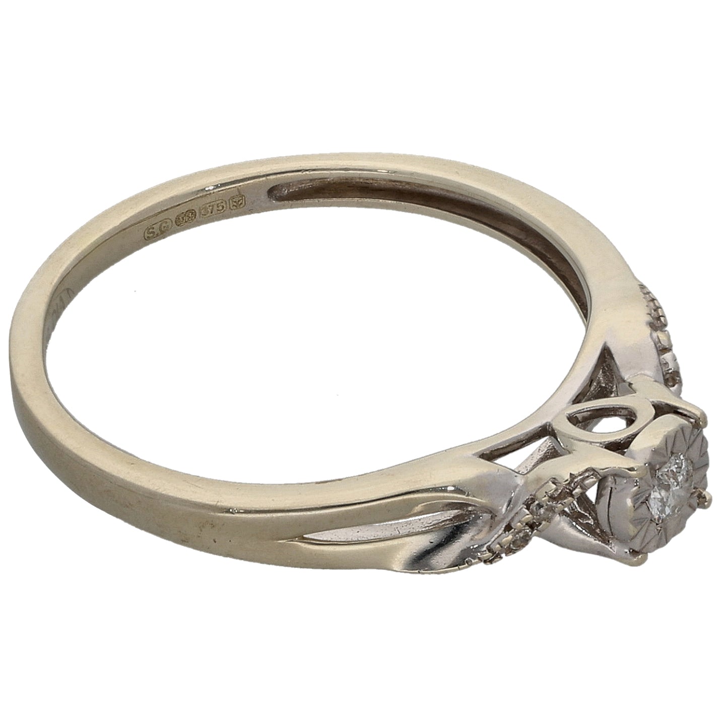 9ct White Gold 0.07ct Diamond Solitaire Ring With Accent Stones Size M