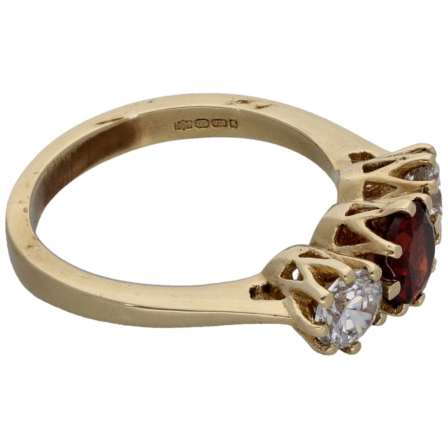 9ct Gold Garnet & Cubic Zirconia Three Stone Ring Size N
