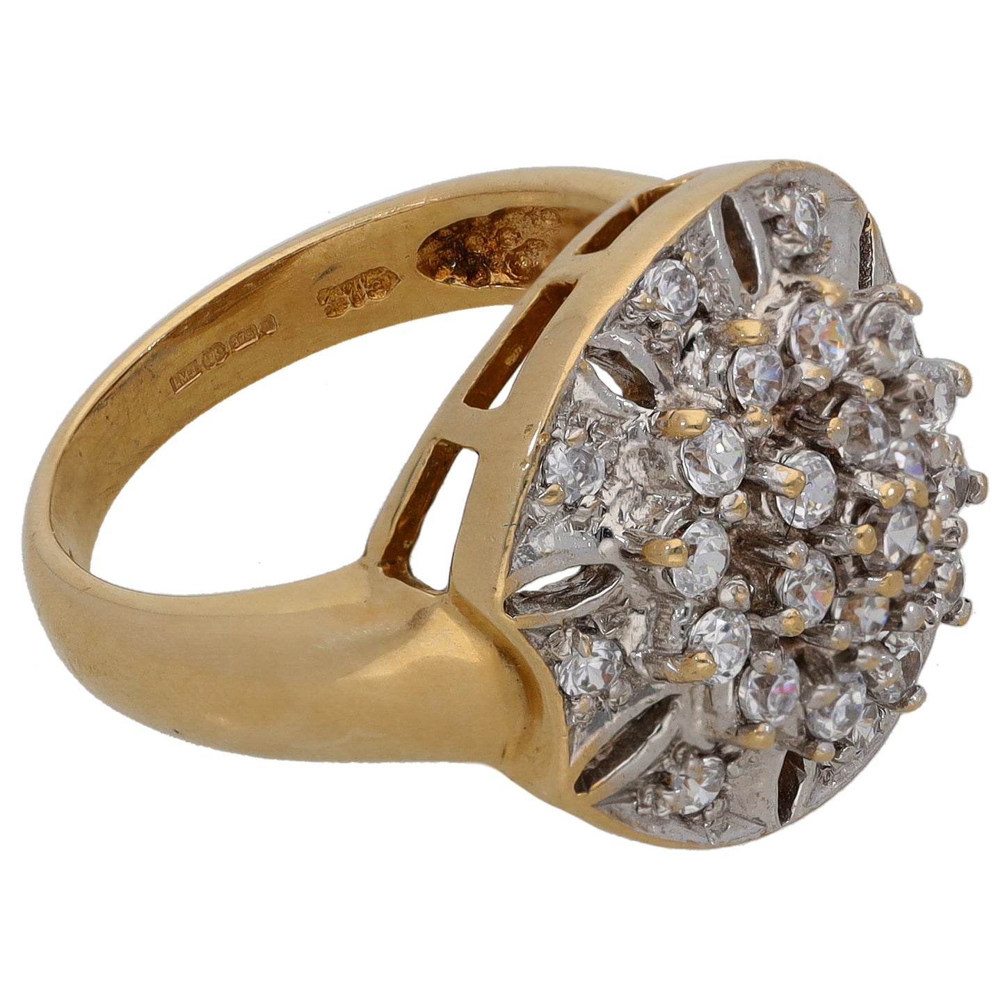 Gold-tone cocktail ring with oval CZ cluster, openwork sides, size O