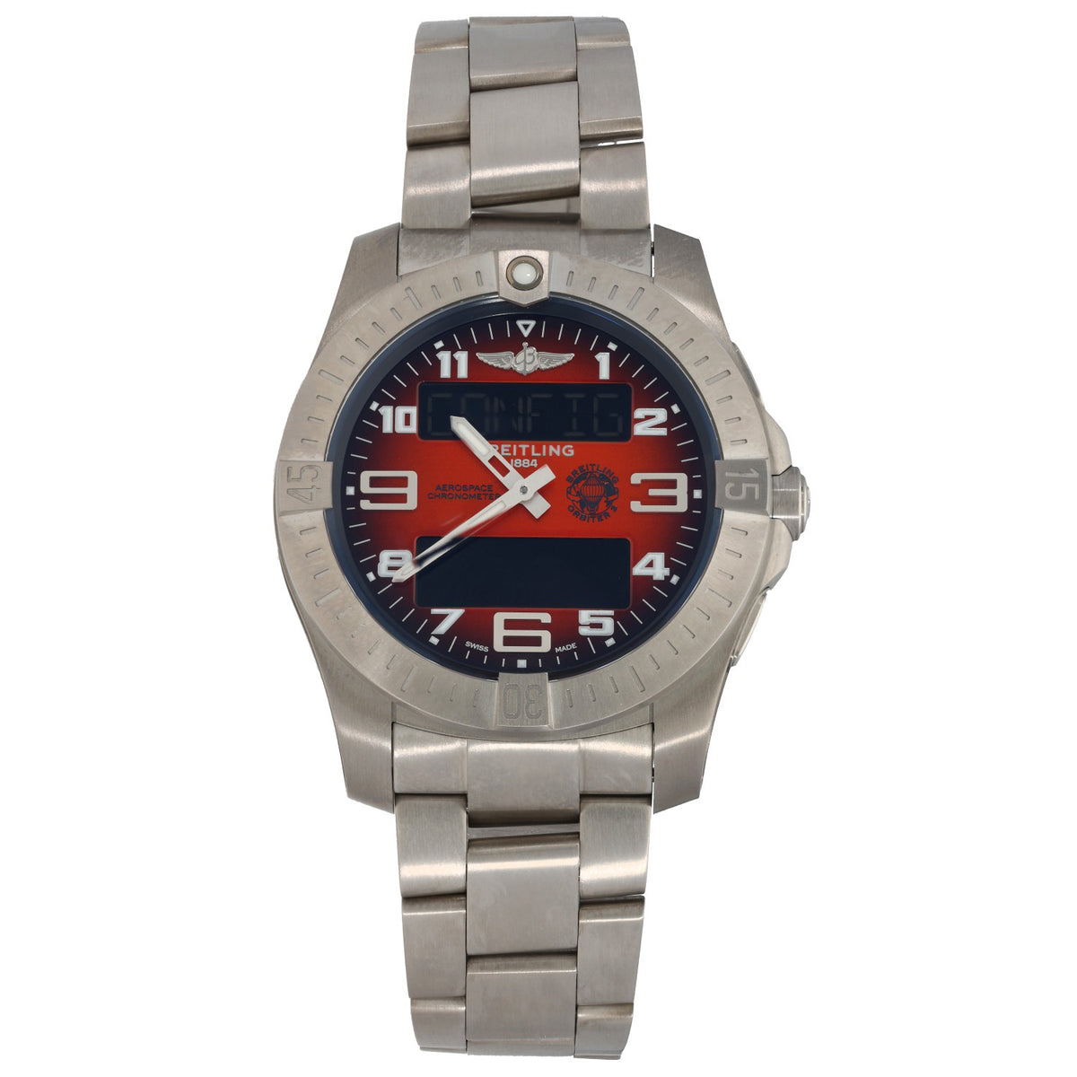 Breitling Aerospace EB7010 Titanium wristwatch with black dial, red accents, and metal link bracelet