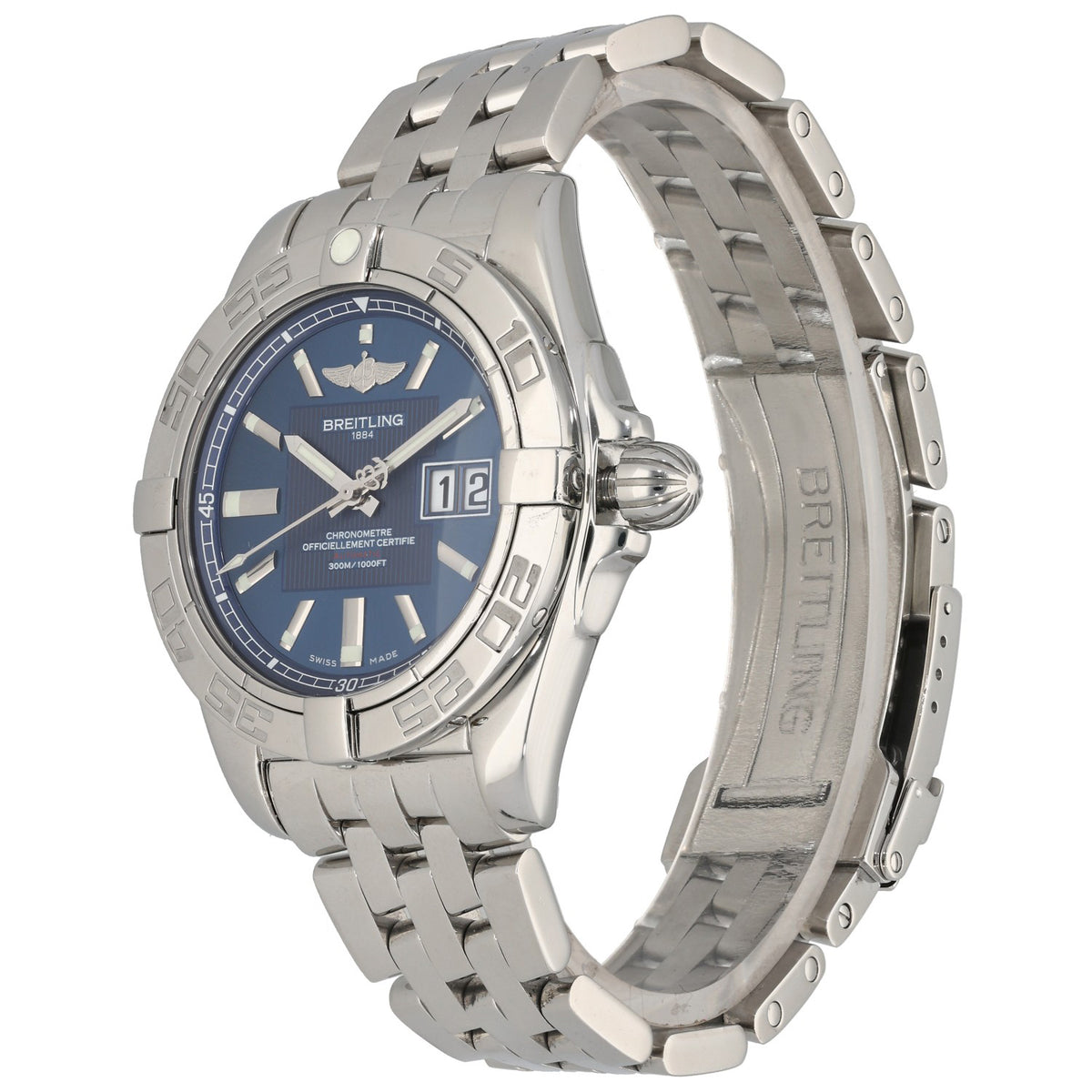 Breitling Galactic A49350 Stainless steel watch with blue dial and linked bracelet, crown and case details
