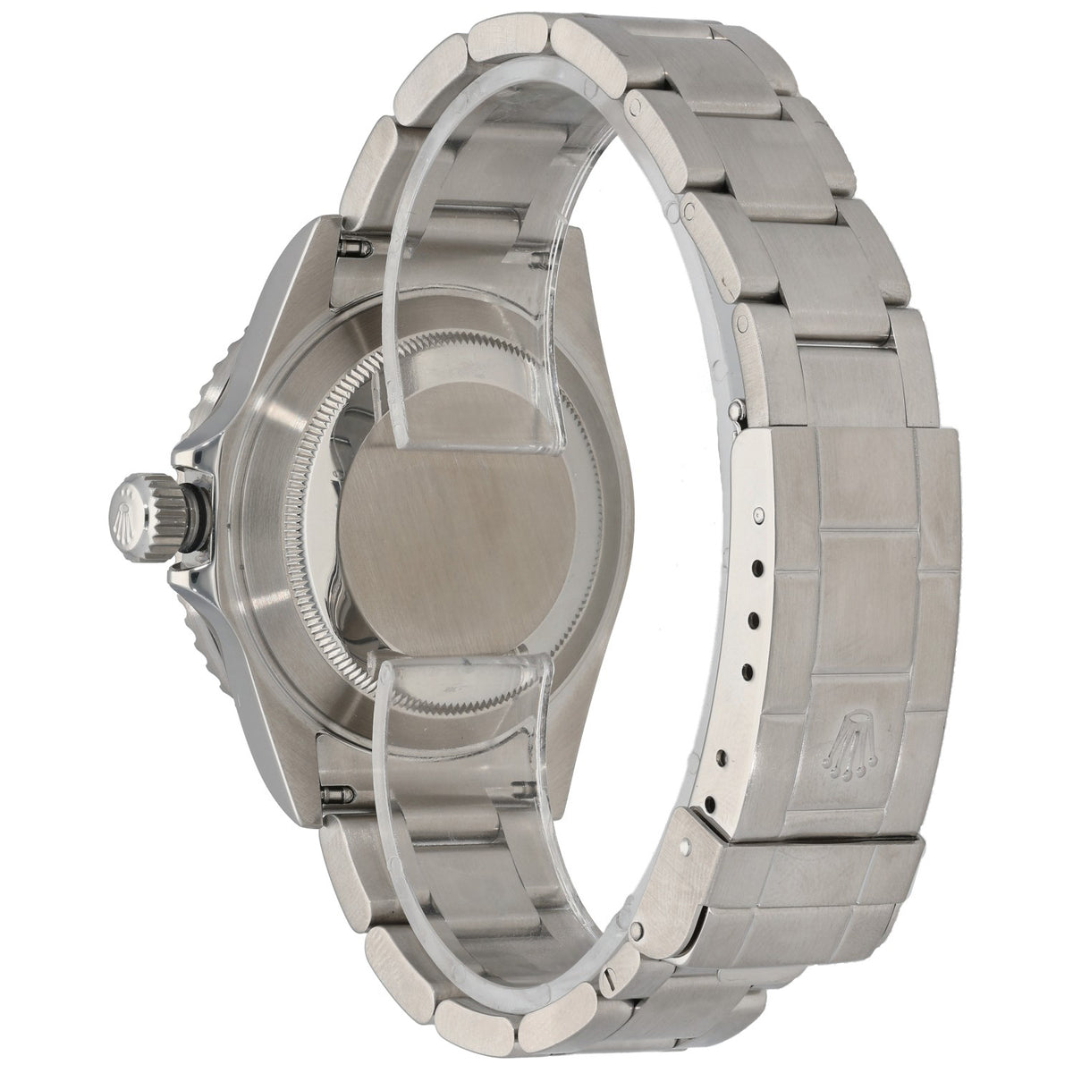 Stainless steel Rolex Submariner watch case and bracelet, rear view with crown