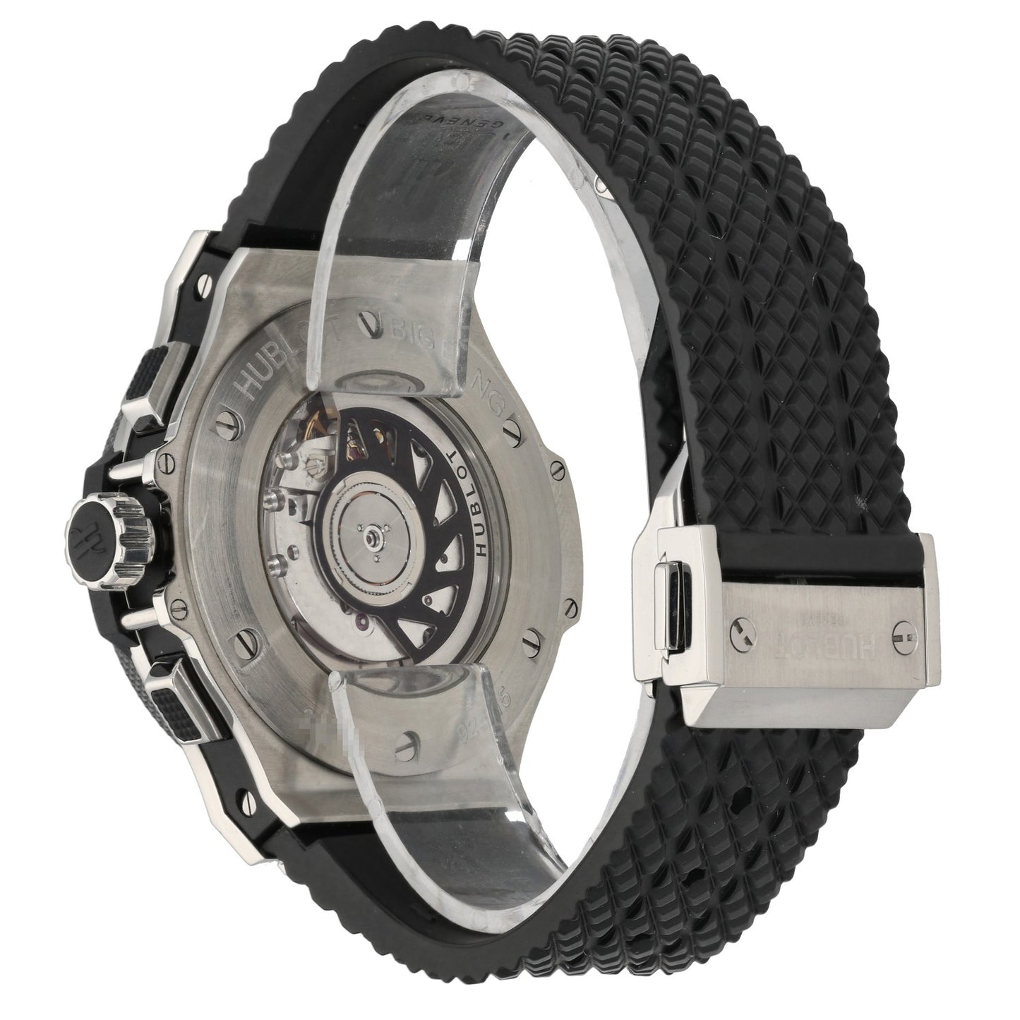 Hublot Big Bang 342.SB.131.RX, carbon fibre case, with adjustable rubber bracelet in black, rear angle showing caseback