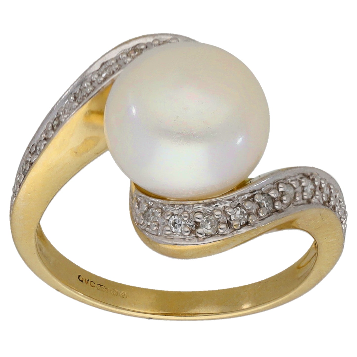 9ct Gold Cultured Pearl & 0.20ct Diamond Dress/Cocktail Ring Size M