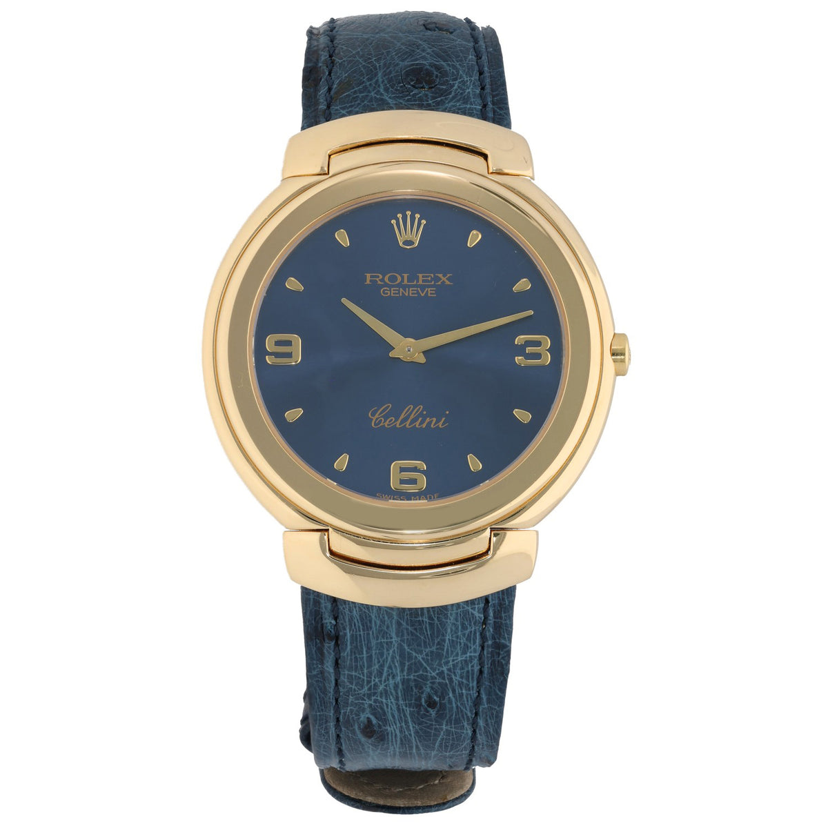 Rolex Cellini 6623 37mm, blue dial in gold case, and blue leather bracelet