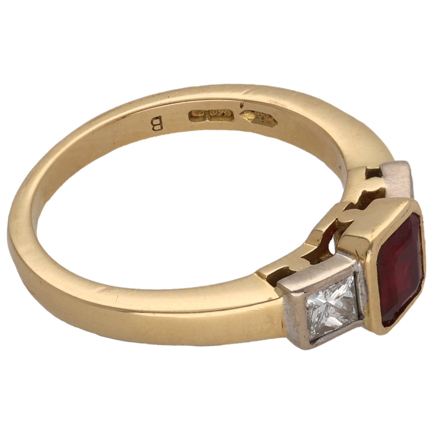18ct Gold Ruby & 0.38ct Diamond Three Stone Ring Size L