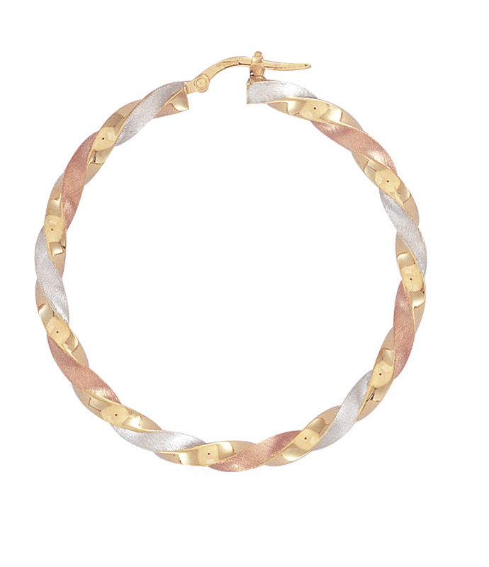 New 9ct Tri-Colour Gold Twist Hoop Earrings H&T - Main Image