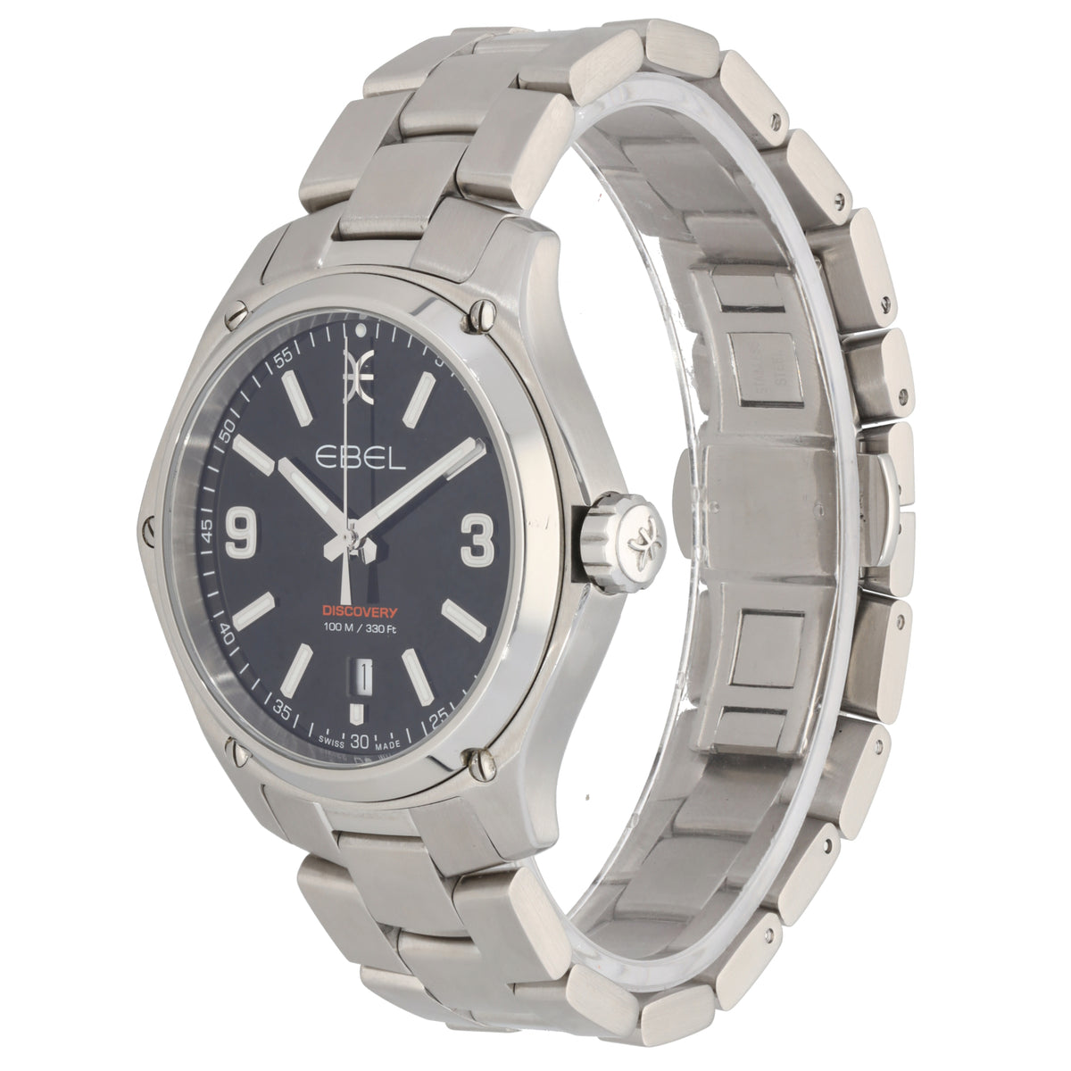 Ebel Discovery 04.1.14.1089 stainless steel wristwatch with black dial, crown side view, and linked bracelet